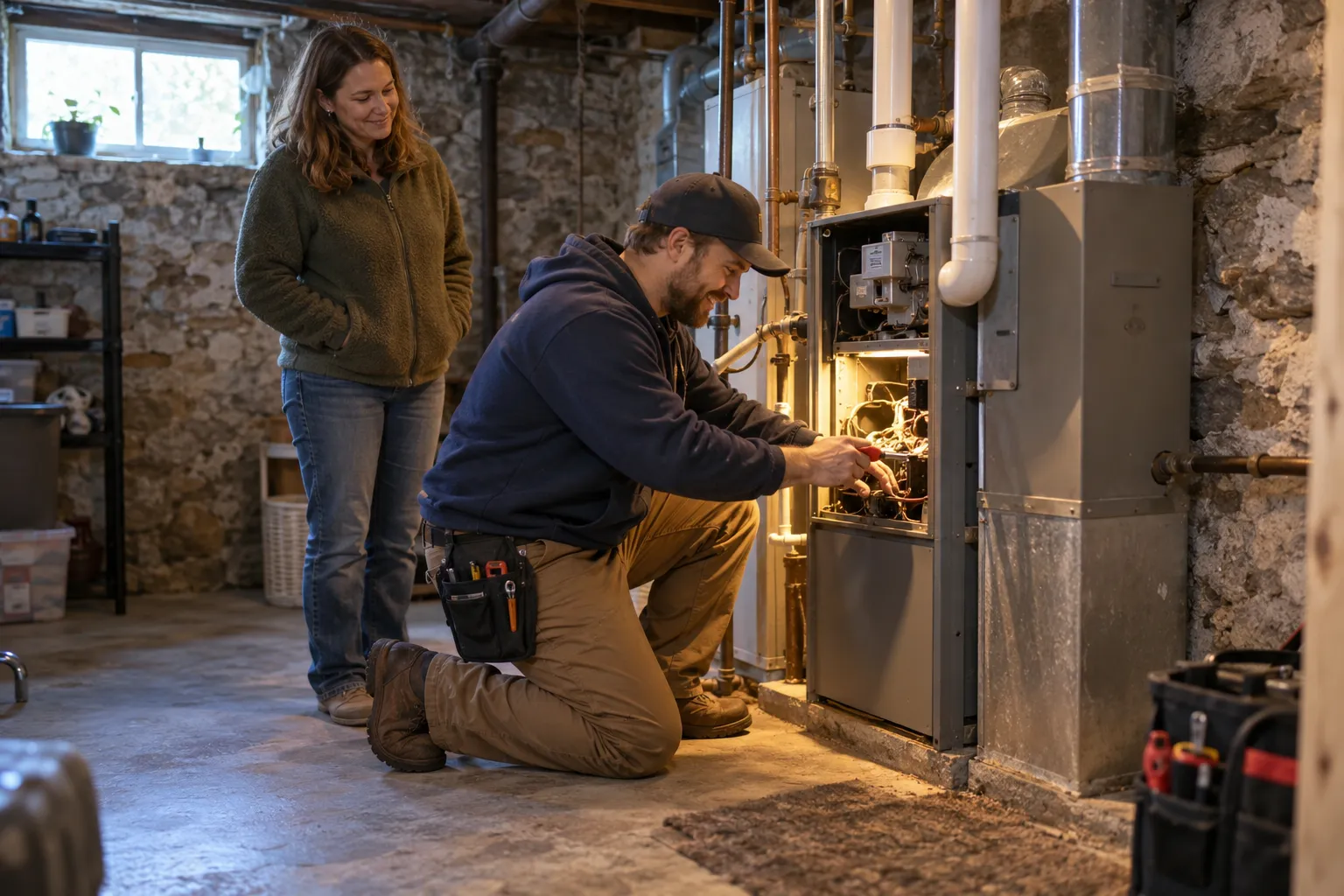 Provider checking a furnace in an older basement in the Springfield area